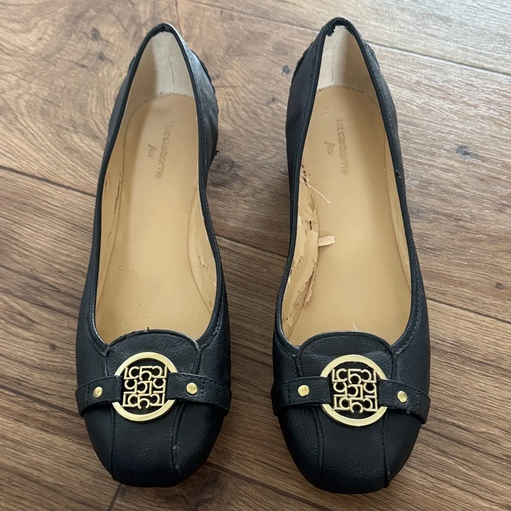 Liz Claiborne Black Flats with Gold Medallion